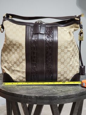 Gucci Beige GG Canvas and Crocodile Embossed Leather Secret Hobo Bag